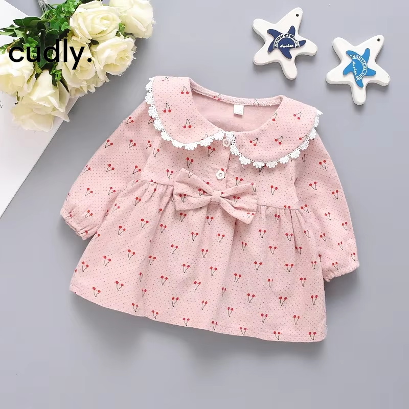 Cherry Print Long-Sleeved Cotton Dress for Baby Girls