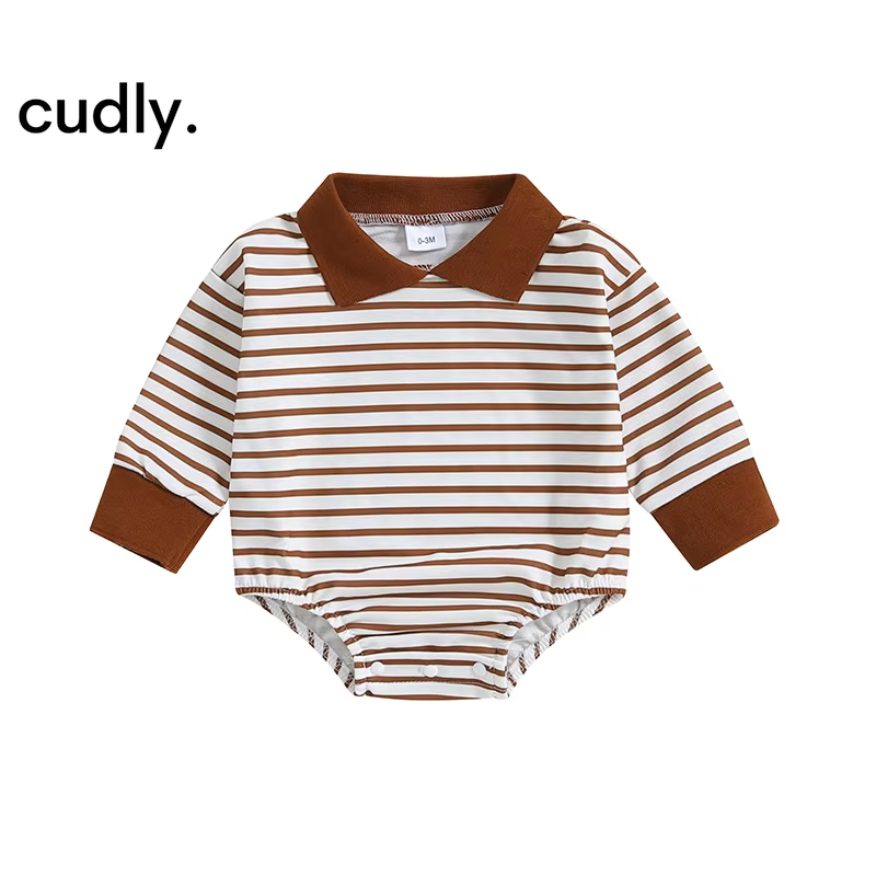 Baby Boys Jumpsuit Long Sleeve Turn down Collar Casual Striped Romper 0-12M