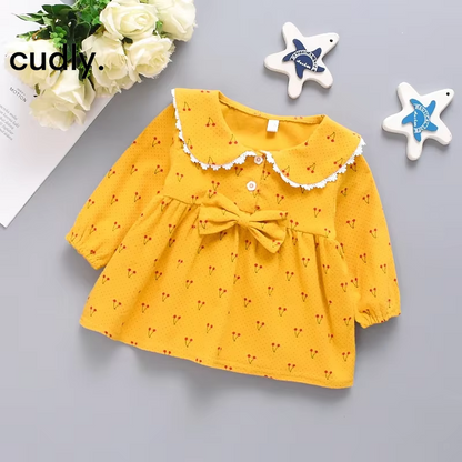 Cherry Print Long-Sleeved Cotton Dress for Baby Girls