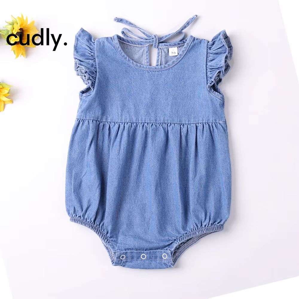 Baby Girls Ruffle Cotton Denim Romper – Fly Sleeve Summer Bodysuit