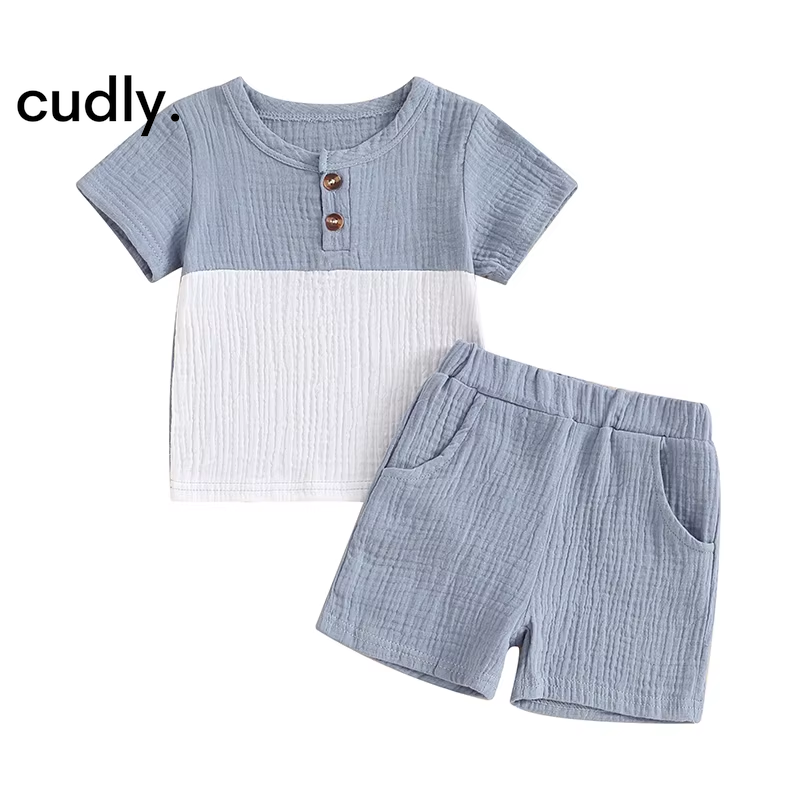 Boys Summer Patchwork Button Outfit – 2-Piece Short Sleeve Top & Elastic Waist Shorts