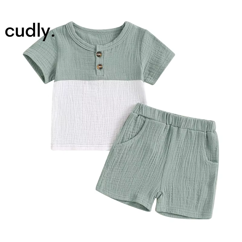 Boys Summer Patchwork Button Outfit – 2-Piece Short Sleeve Top & Elastic Waist Shorts