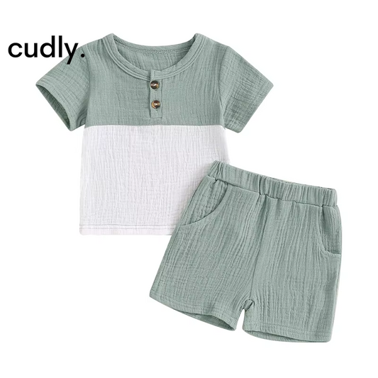 Boys Summer Patchwork Button Outfit – 2-Piece Short Sleeve Top & Elastic Waist Shorts