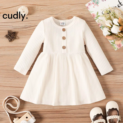 Baby Girl Button Front Solid Rib Knit Long-Sleeve Dress – Soft, Comfortable, and Perfect for Daily Wear