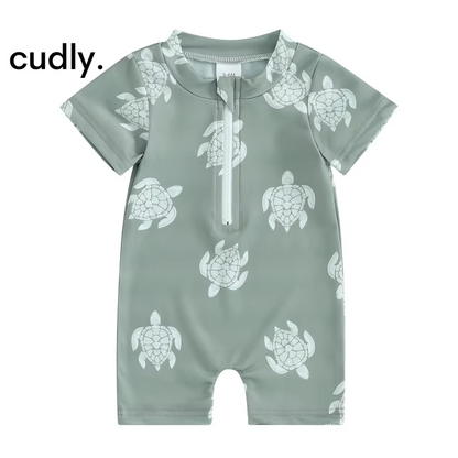 Sea-Themed Baby Boy Swimsuit – Short Sleeve Zipper Monokini for Summer Fun