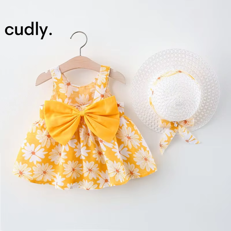 Newborn Baby Cotton Suspender Dress with Sun Hat – 2-Piece Summer Princess Outfit