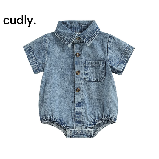 Boys Summer Denim Jumpsuit – Short Sleeve Turn-Down Collar Casual Baby Bodysuit