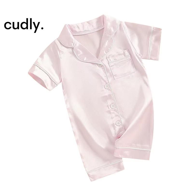 Newborn Baby Satin Silk Pajamas Rompers – Button Down Short Sleeve Solid PJs Sleepwear for Boys & Girls