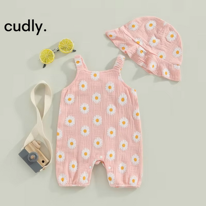 Summer Infant Baby Girl Romper – Flower Print Sleeveless Jumpsuit with Hat