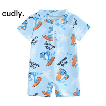 Sea-Themed Baby Boy Swimsuit – Short Sleeve Zipper Monokini for Summer Fun