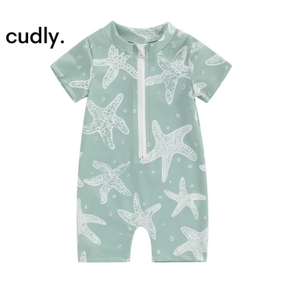 Sea-Themed Baby Boy Swimsuit – Short Sleeve Zipper Monokini for Summer Fun