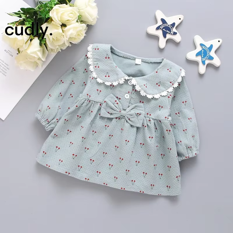 Cherry Print Long-Sleeved Cotton Dress for Baby Girls