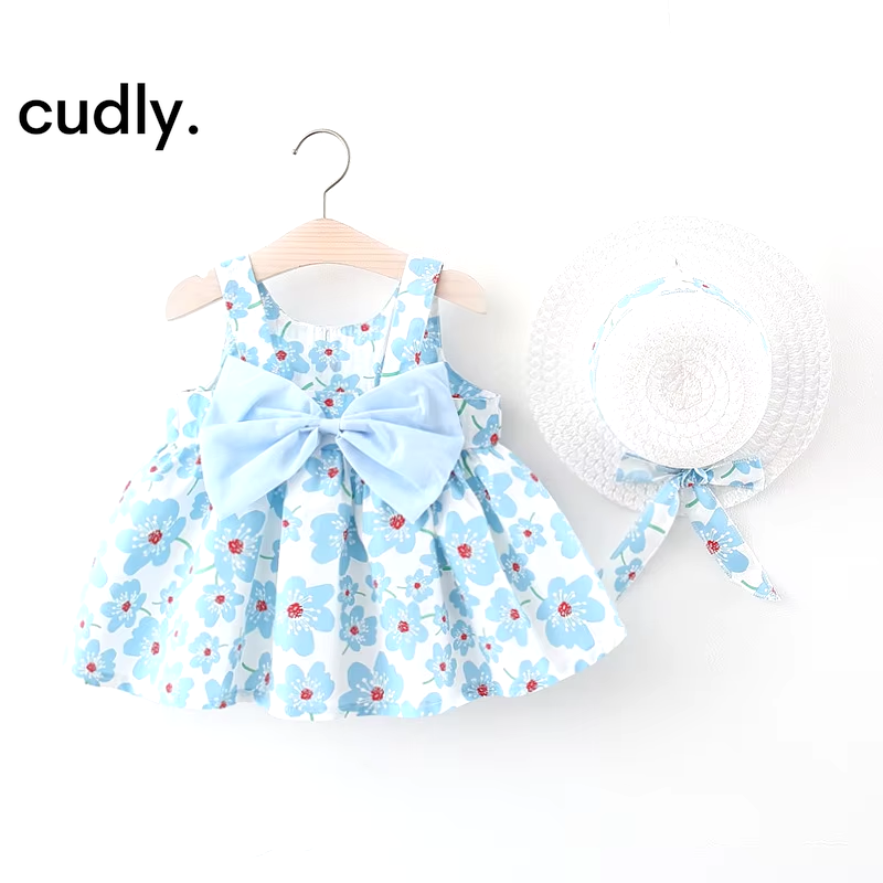 Sweet Sleeveless Floral Dress with Big Bow – 2-Piece Summer Cotton Outfit for Baby Girls