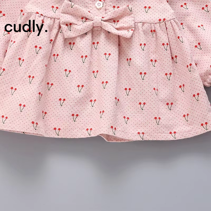 Cherry Print Long-Sleeved Cotton Dress for Baby Girls