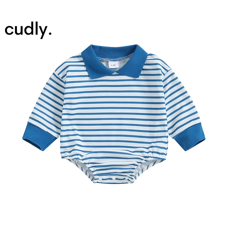 Baby Boys Jumpsuit Long Sleeve Turn down Collar Casual Striped Romper 0-12M