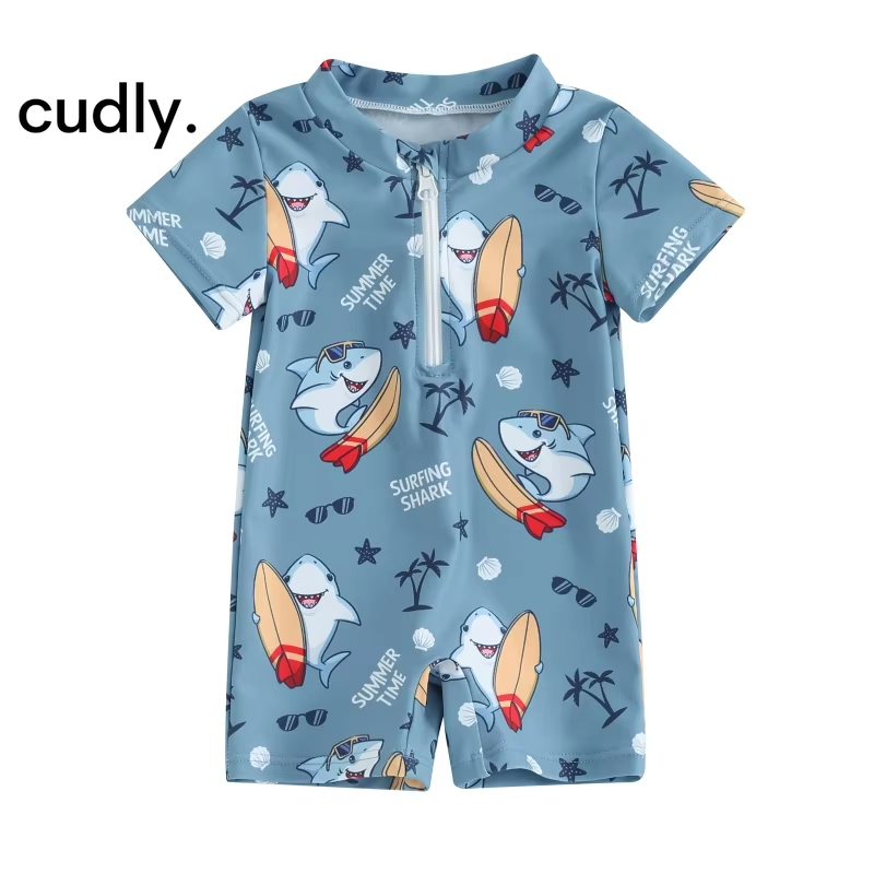 Sea-Themed Baby Boy Swimsuit – Short Sleeve Zipper Monokini for Summer Fun