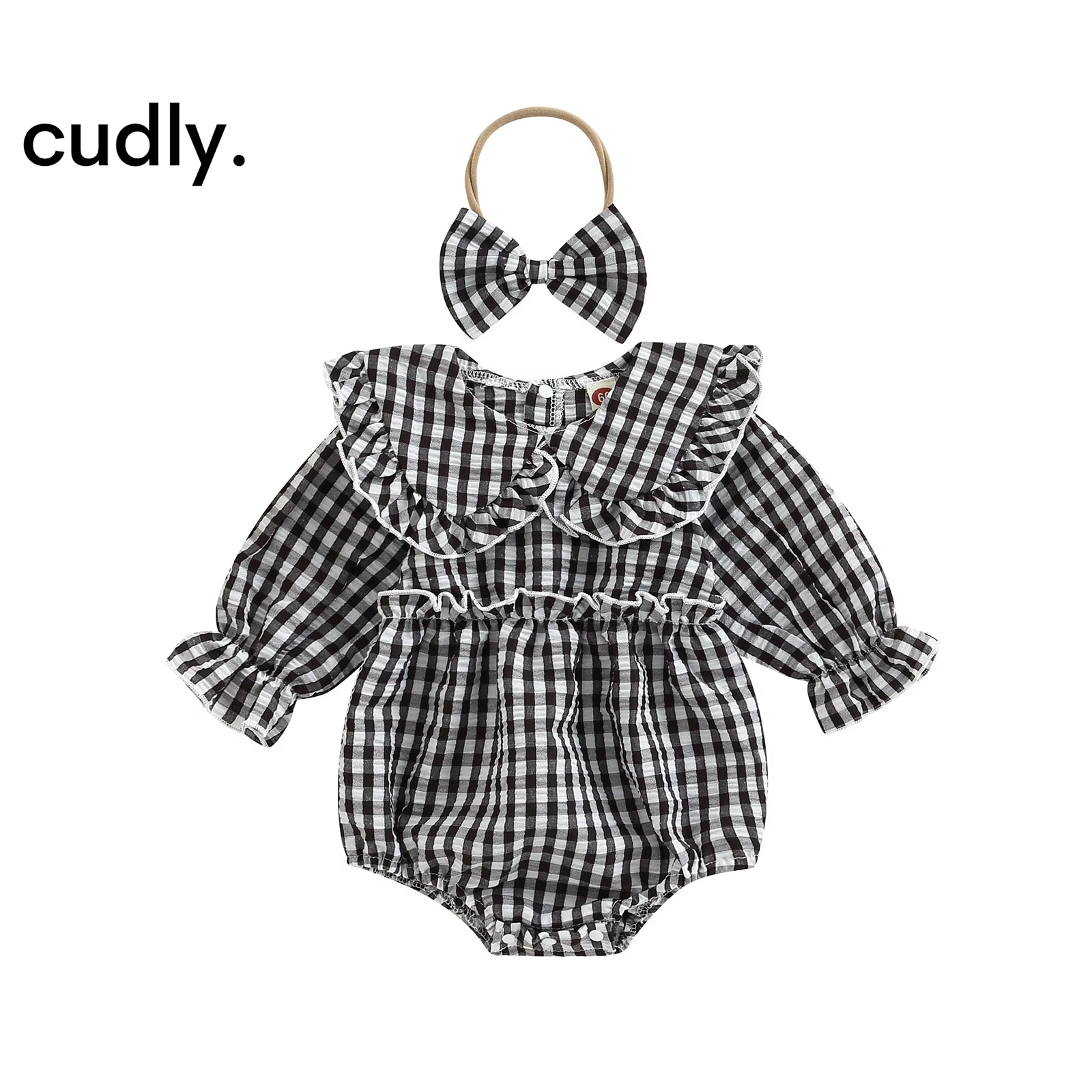 Plaid Doll Collar Ruffle Romper & Hairband Set – 2Pcs Long Sleeve Outfit for Baby Girls