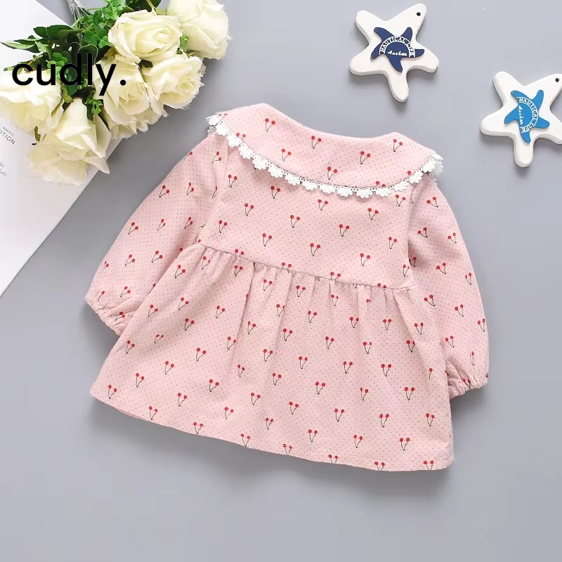 Cherry Print Long-Sleeved Cotton Dress for Baby Girls