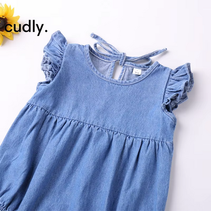 Baby Girls Ruffle Cotton Denim Romper – Fly Sleeve Summer Bodysuit