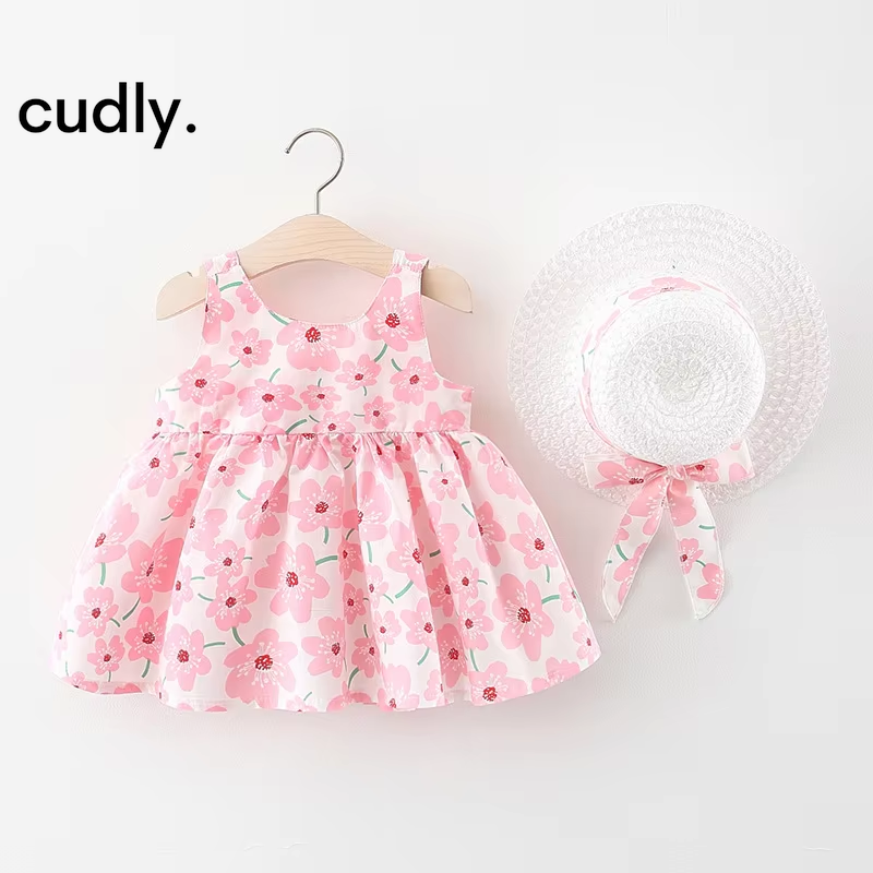 Sweet Sleeveless Floral Dress with Big Bow – 2-Piece Summer Cotton Outfit for Baby Girls