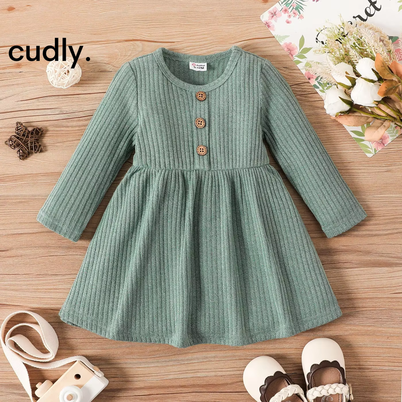 Baby Girl Button Front Solid Rib Knit Long-Sleeve Dress – Soft, Comfortable, and Perfect for Daily Wear