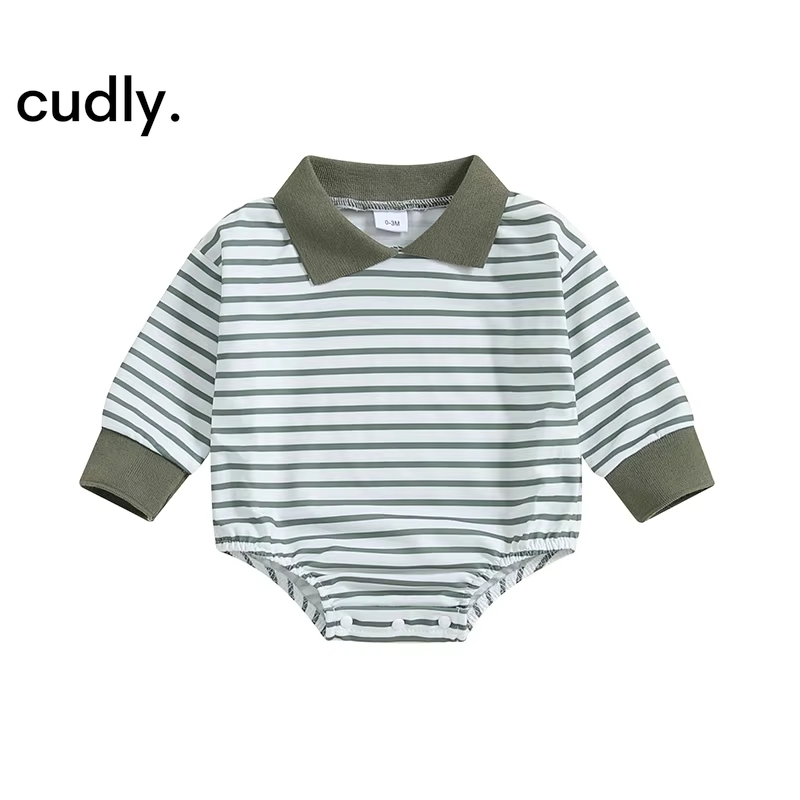 Baby Boys Jumpsuit Long Sleeve Turn down Collar Casual Striped Romper 0-12M