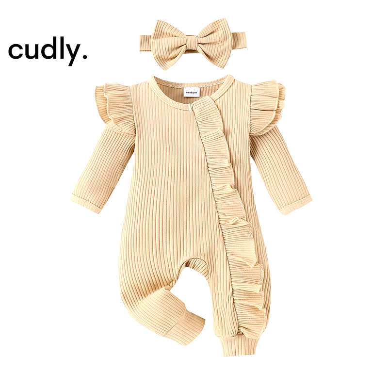 Newborn Infant Baby Girl Clothes Ruffle Long Sleeve Romper Solid Knit Ribbed Bodysuit Jumpsuit Coming Home Outfit 0-6M