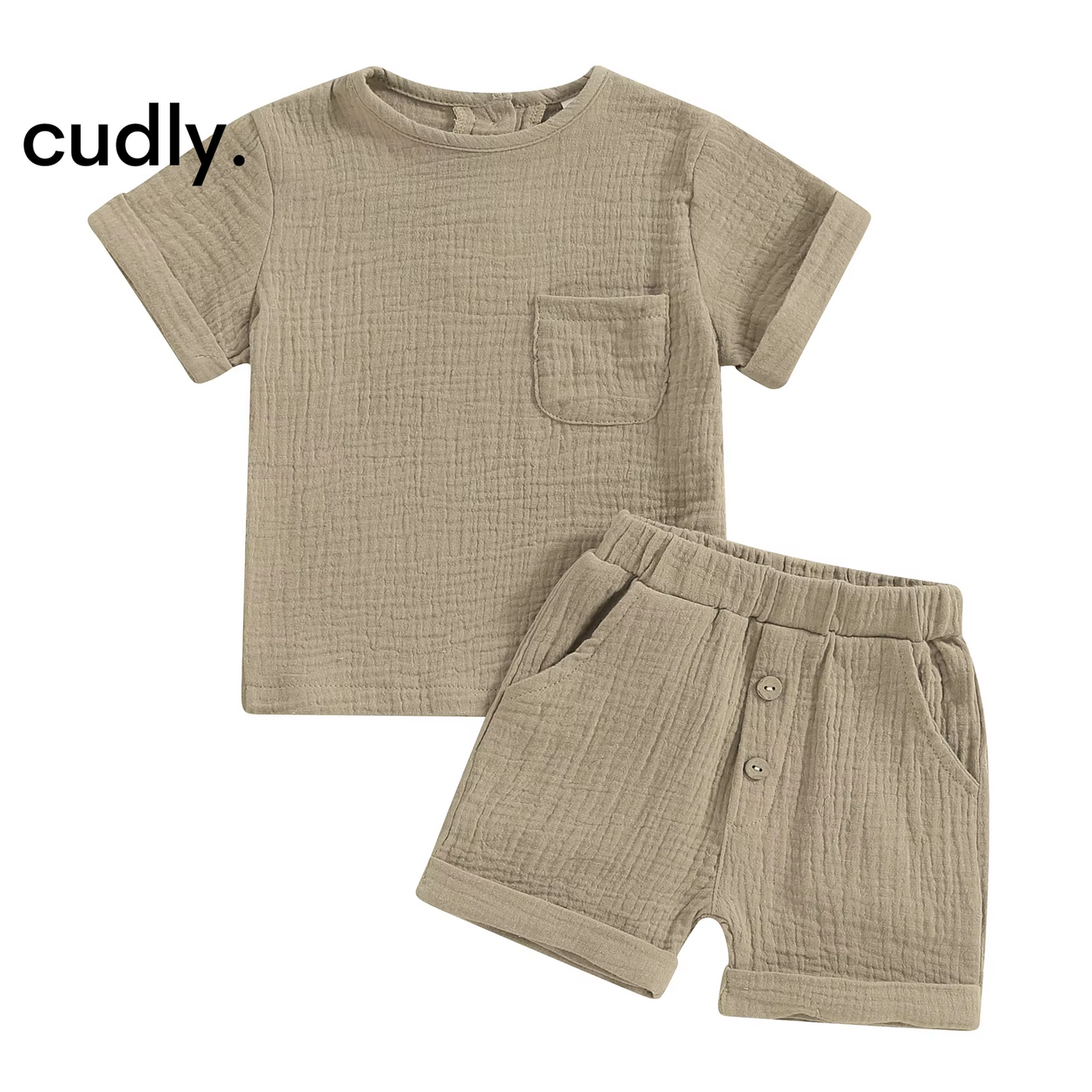 Baby Boys Summer Cotton Linen Outfit Set - Short Sleeve T-Shirt and Pocket Shorts