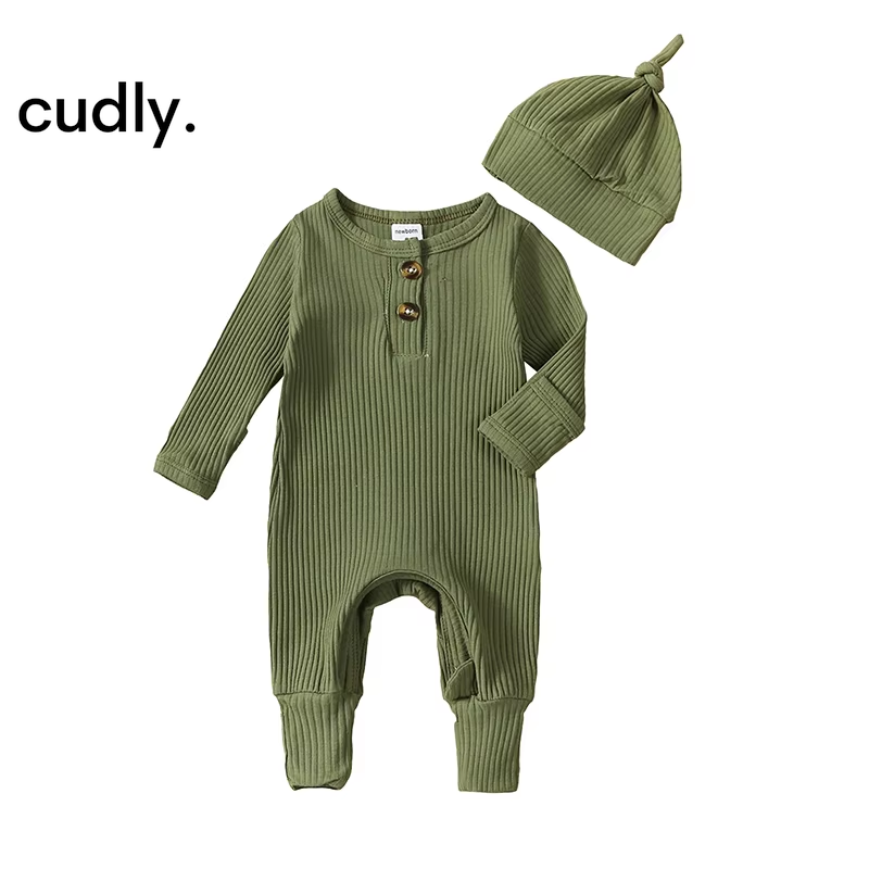 Baby Boy 2-Piece Solid Color Ribbed Long Sleeve Romper with Hat – Stylish Fall Outfit