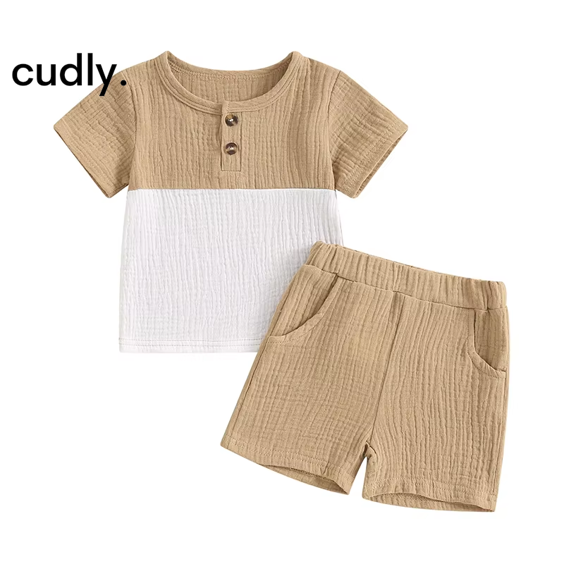 Boys Summer Patchwork Button Outfit – 2-Piece Short Sleeve Top & Elastic Waist Shorts