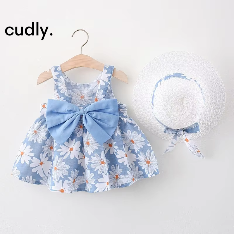 Newborn Baby Cotton Suspender Dress with Sun Hat – 2-Piece Summer Princess Outfit