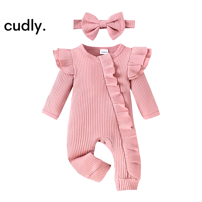 Newborn Infant Baby Girl Clothes Ruffle Long Sleeve Romper Solid Knit Ribbed Bodysuit Jumpsuit Coming Home Outfit 0-6M