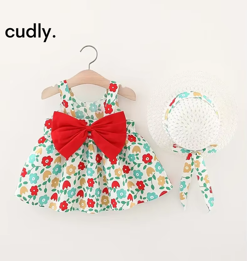 Newborn Baby Cotton Suspender Dress with Sun Hat – 2-Piece Summer Princess Outfit