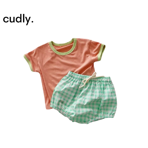 Infant Newborn Summer Patch Top & Plaid Bottom Set – 2-Piece Cotton Outfit for Boys & Girls