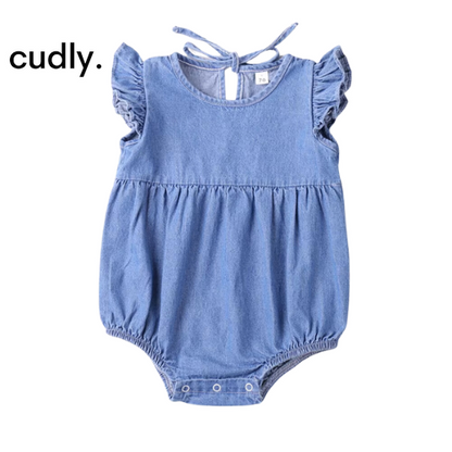 Baby Girls Ruffle Cotton Denim Romper – Fly Sleeve Summer Bodysuit