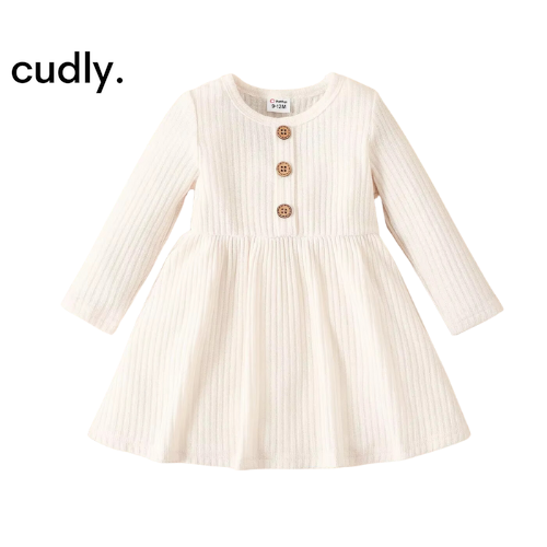 Baby Girl Button Front Solid Rib Knit Long-Sleeve Dress – Soft, Comfortable, and Perfect for Daily Wear