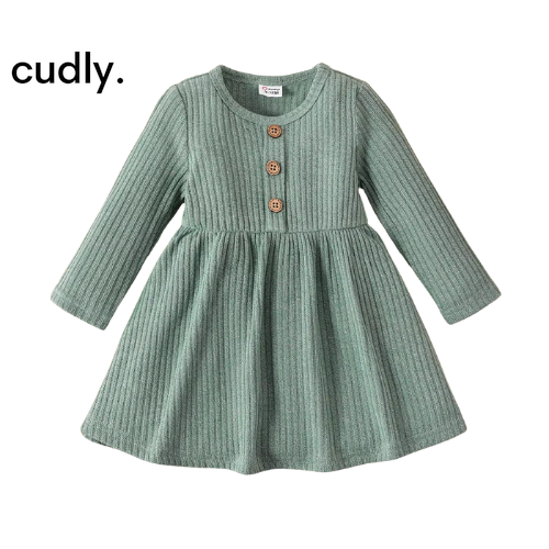 Baby Girl Button Front Solid Rib Knit Long-Sleeve Dress – Soft, Comfortable, and Perfect for Daily Wear