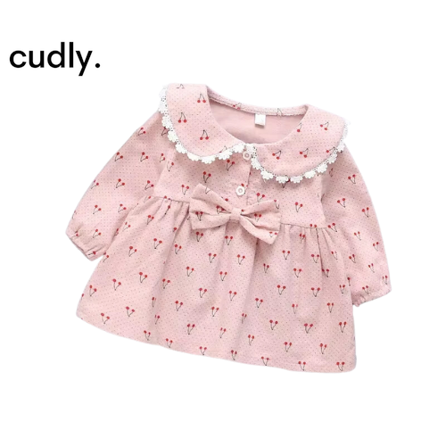 Cherry Print Long-Sleeved Cotton Dress for Baby Girls