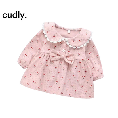 Cherry Print Long-Sleeved Cotton Dress for Baby Girls