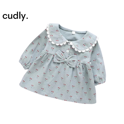 Cherry Print Long-Sleeved Cotton Dress for Baby Girls