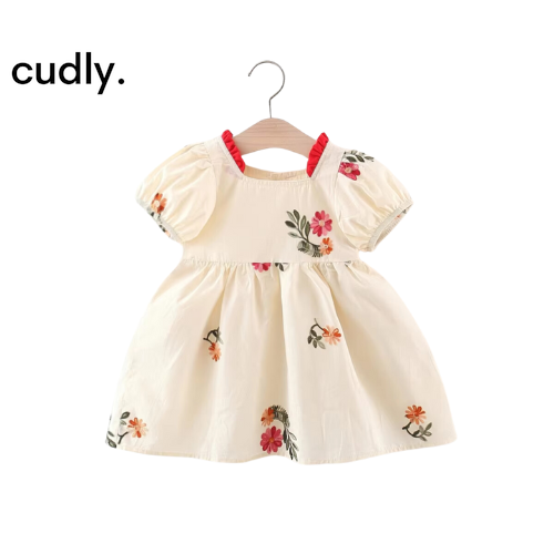 Summer New Girl Dress Cute Bubble Sleeves Embroidered Cotton Skirt Comfortable Children'S Clothing Suitable for 3-12 months 