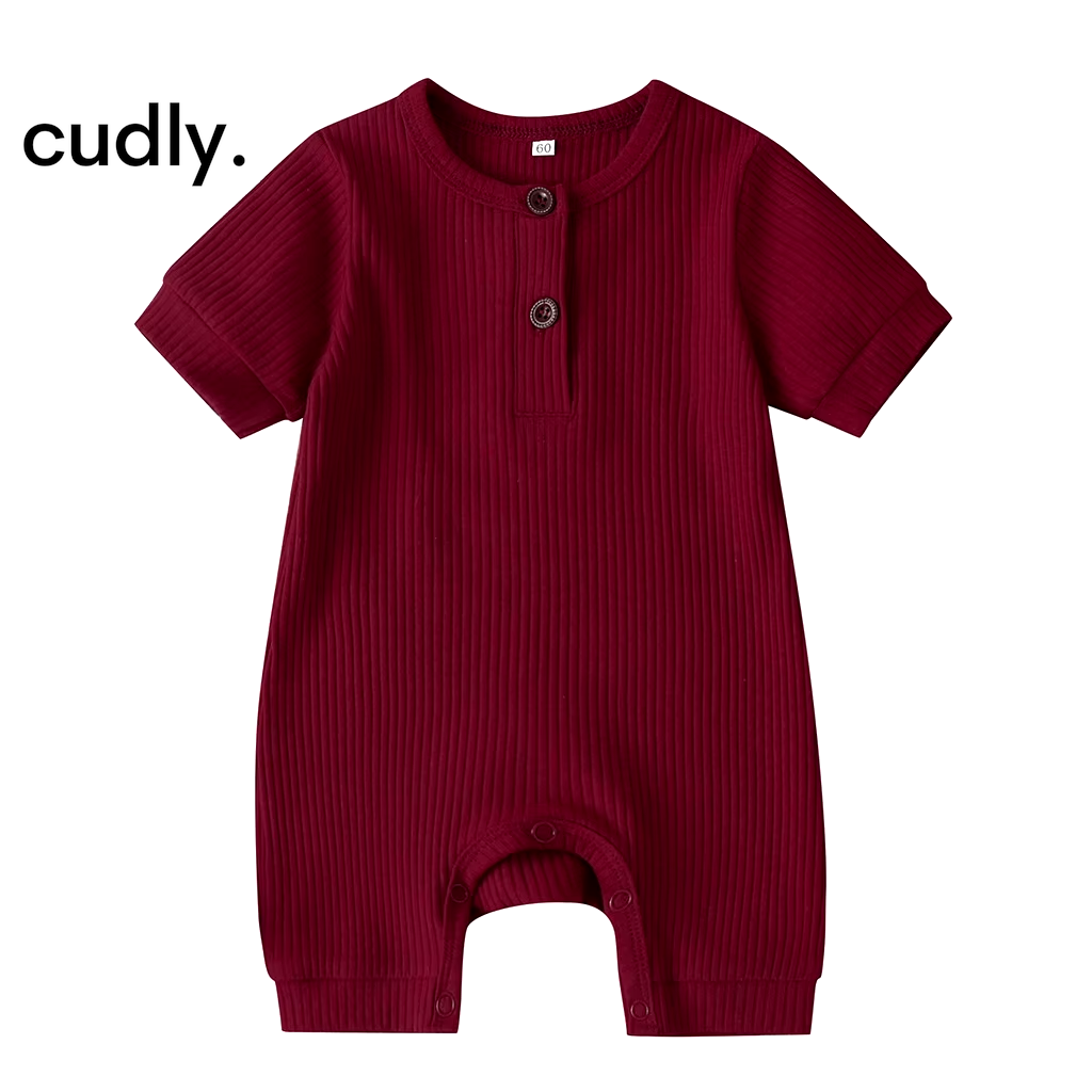 Baby Boy Solid Color Knit Rib Romper – Cotton Button Jumpsuit for 0-12 Months