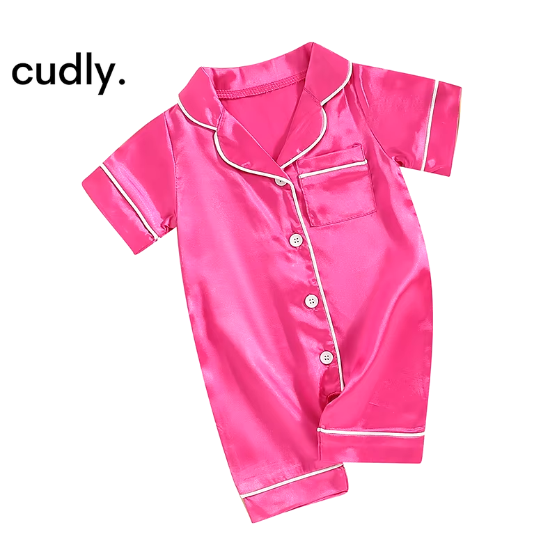 Newborn Baby Satin Silk Pajamas Rompers – Button Down Short Sleeve Solid PJs Sleepwear for Boys & Girls