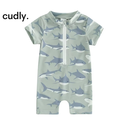 Sea-Themed Baby Boy Swimsuit – Short Sleeve Zipper Monokini for Summer Fun