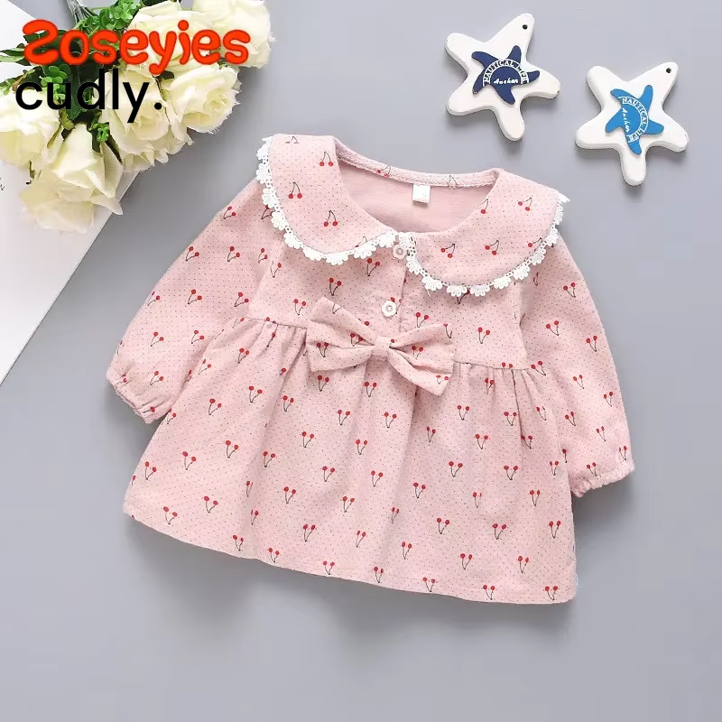 Cherry Print Long-Sleeved Cotton Dress for Baby Girls