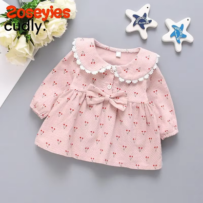 Cherry Print Long-Sleeved Cotton Dress for Baby Girls