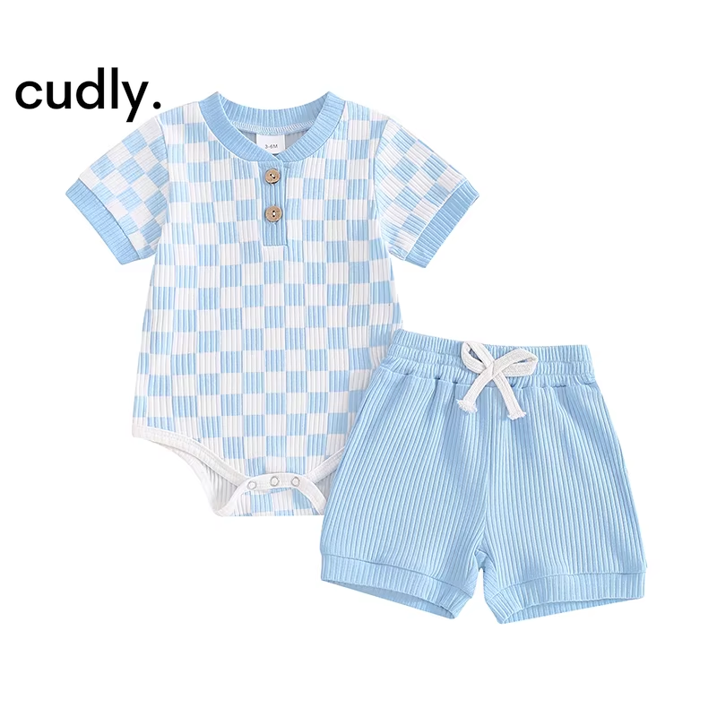 Boys Summer Checkerboard Romper & Shorts Set – 2-Piece Outfit for 0-12 Months