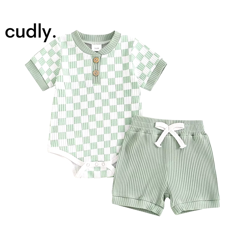 Boys Summer Checkerboard Romper & Shorts Set – 2-Piece Outfit for 0-12 Months