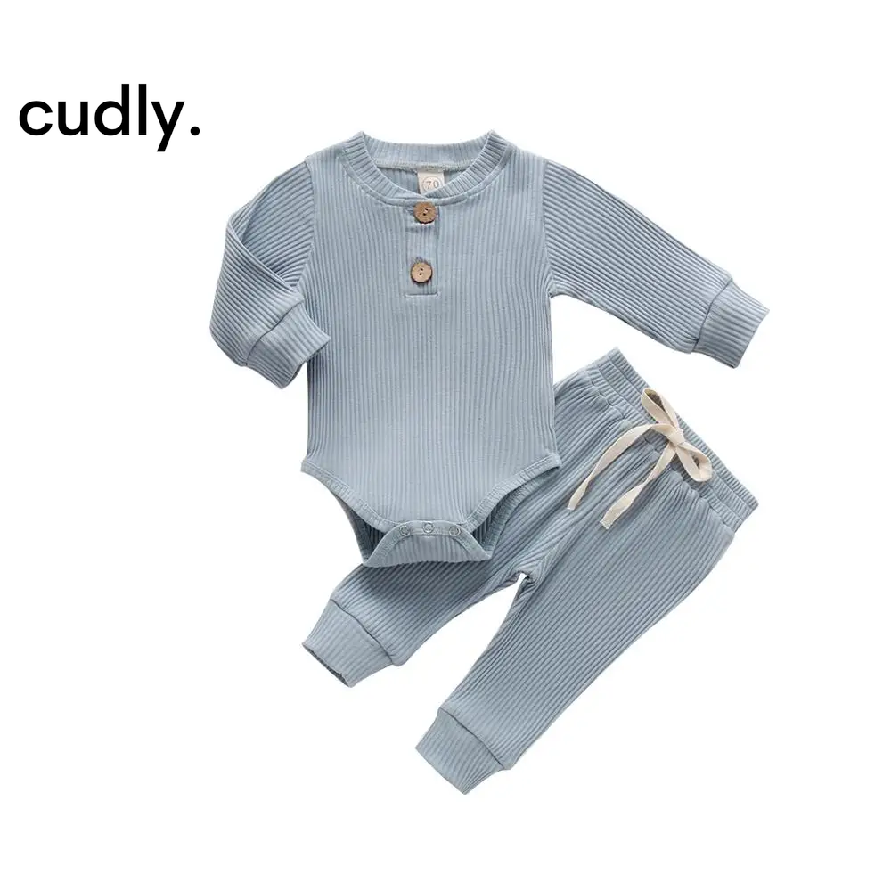 Infant Newborn Baby Girl & Boy Ribbed/Plaid Solid Clothes Set – Long Sleeve Bodysuits + Elastic Pants (21 Colors)