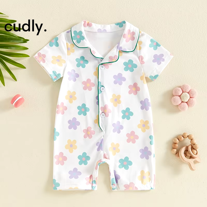 Baby Girls Summer Romper – Tractor/Flower Print Short Sleeve Pajamas Jumpsuit